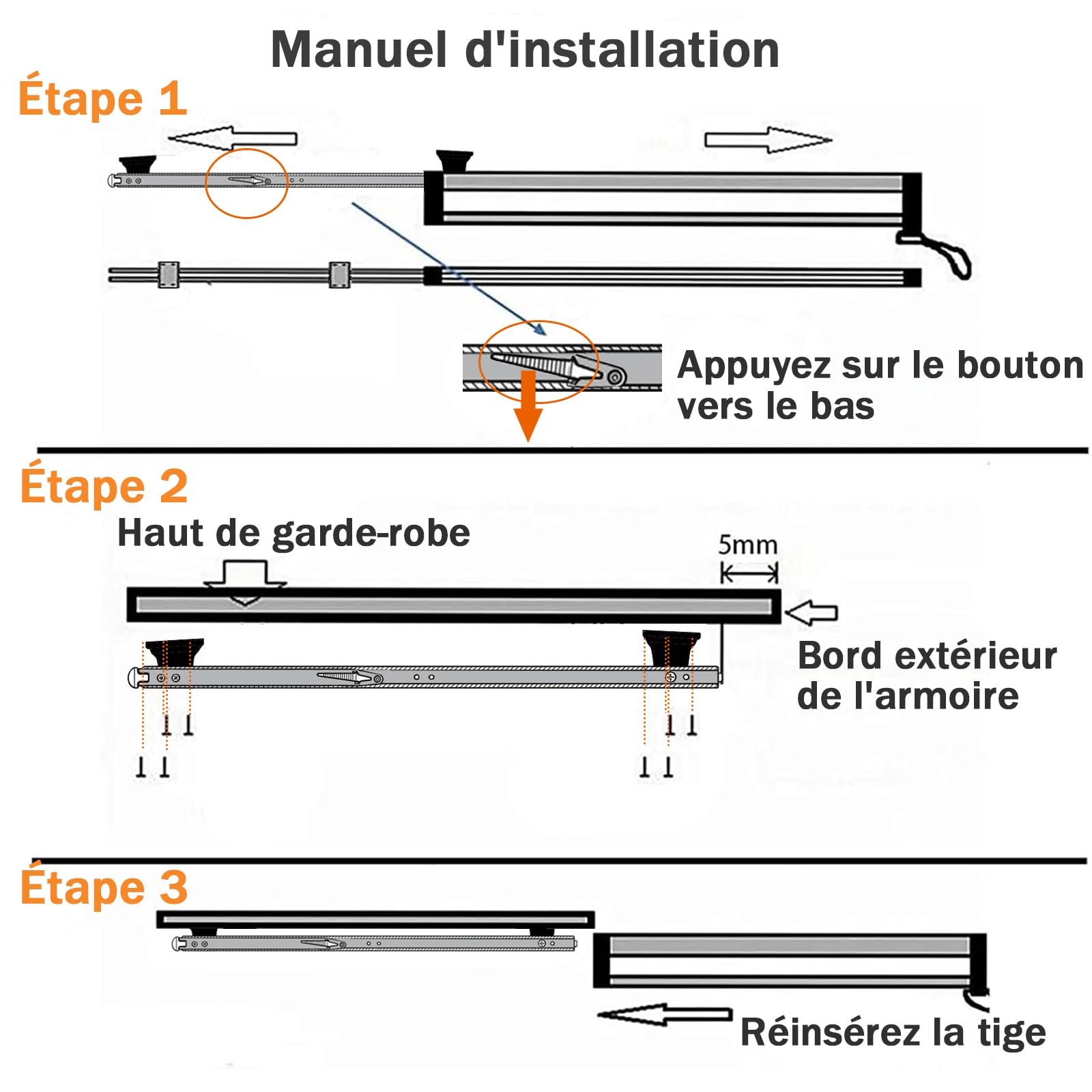 Tringle Penderie Extensible Coulissante Armoire Organisateur 792mm | Acier inoxydable robuste, charge 25kg, système push-pull coulissant, gain de place, rangement vêtements polyvalent
