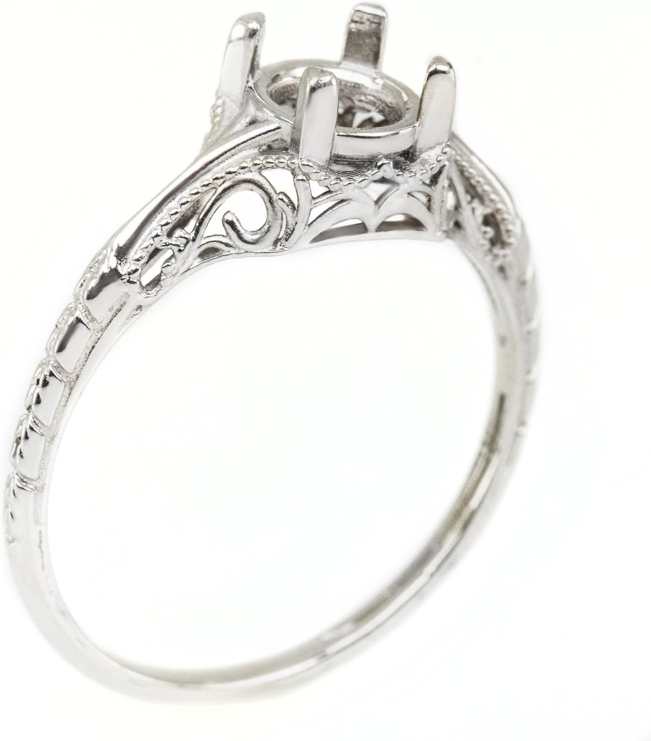 Art Deco 14K White Gold Vintage Engagement Ring Setting Round Princess Cocktail Semi-mount 4mm-5mm