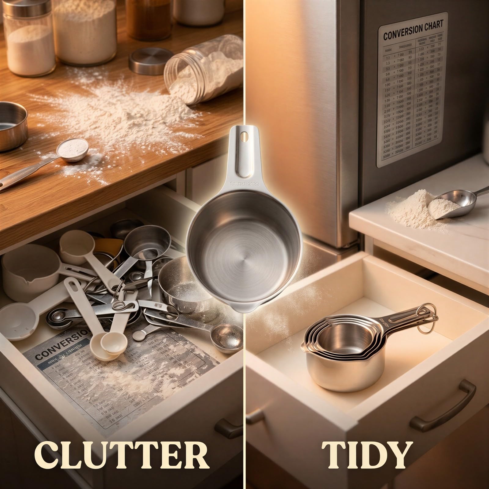 16-teiliges Messbecher- und Messlöffel-Set aus 304 Edelstahl, mit Doppelskala und Metall-Umrechnungstafel, zum Backen und präzisen Kochen, Küchenhelfer für trockene und flüssige Zutaten