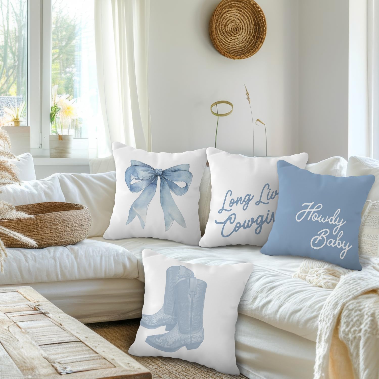 Western Cowgirl Pillow Covers 18x18 - Howdy Long Live Cowgirls Boots Pillow Cover, Western Blue Coquette Bows Home Room Decor, Set of 4 image 2
