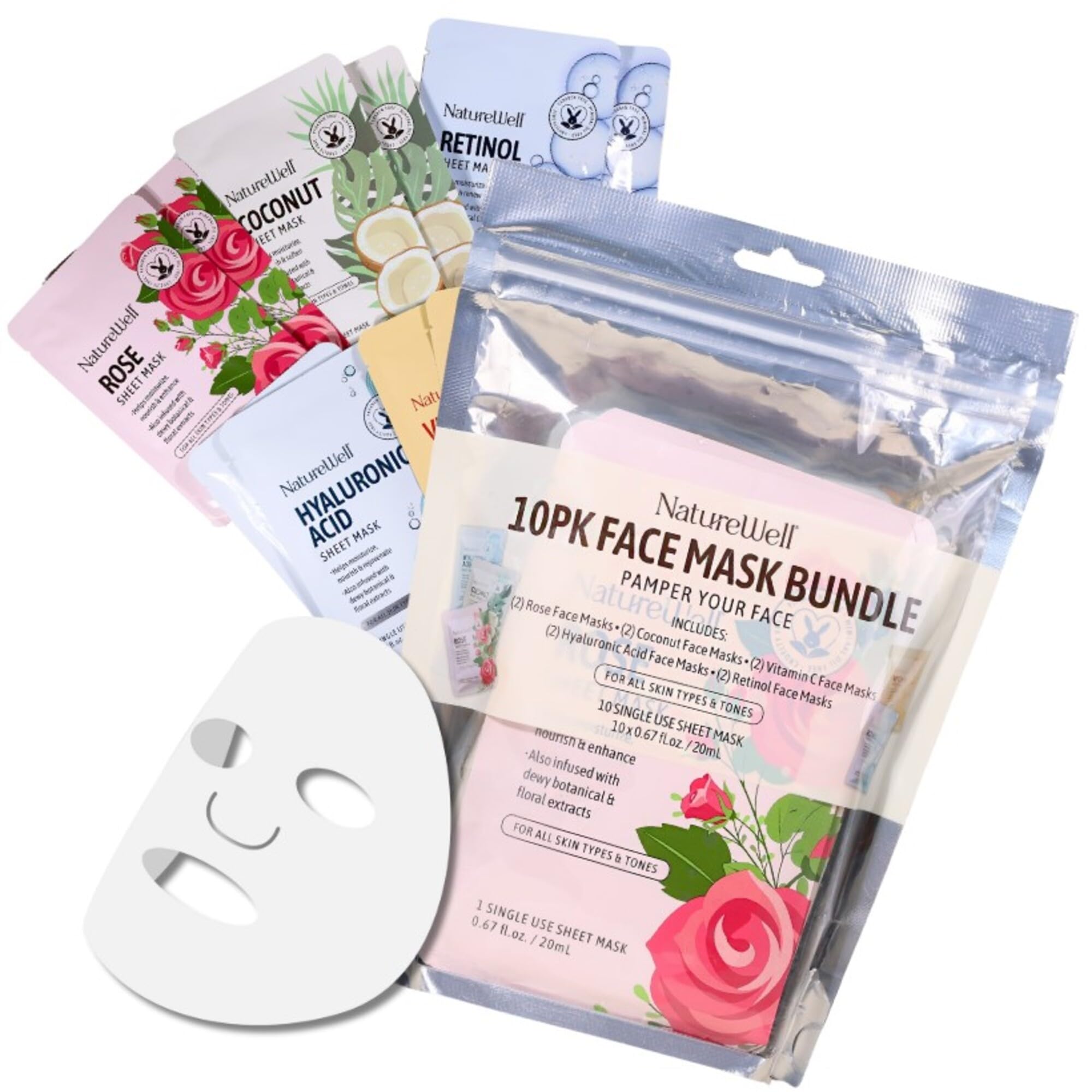 NATURE WELL Single Use Face Mask Sheet Skincare Treatment Multipack For All Skin Types, Includes Hyaluronic Acid, Rose, Retinol, Coconut, & Vitamin C