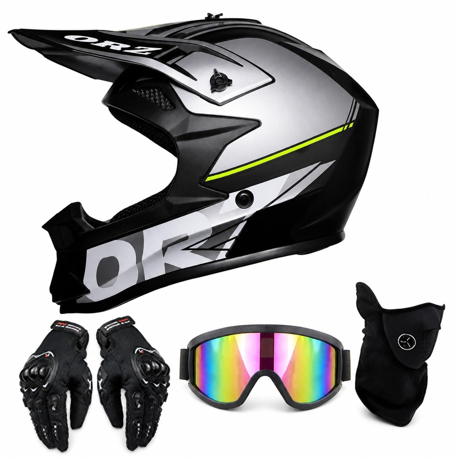 Casco Cross argento, nero e giallo neon con Occhiali e Guanti