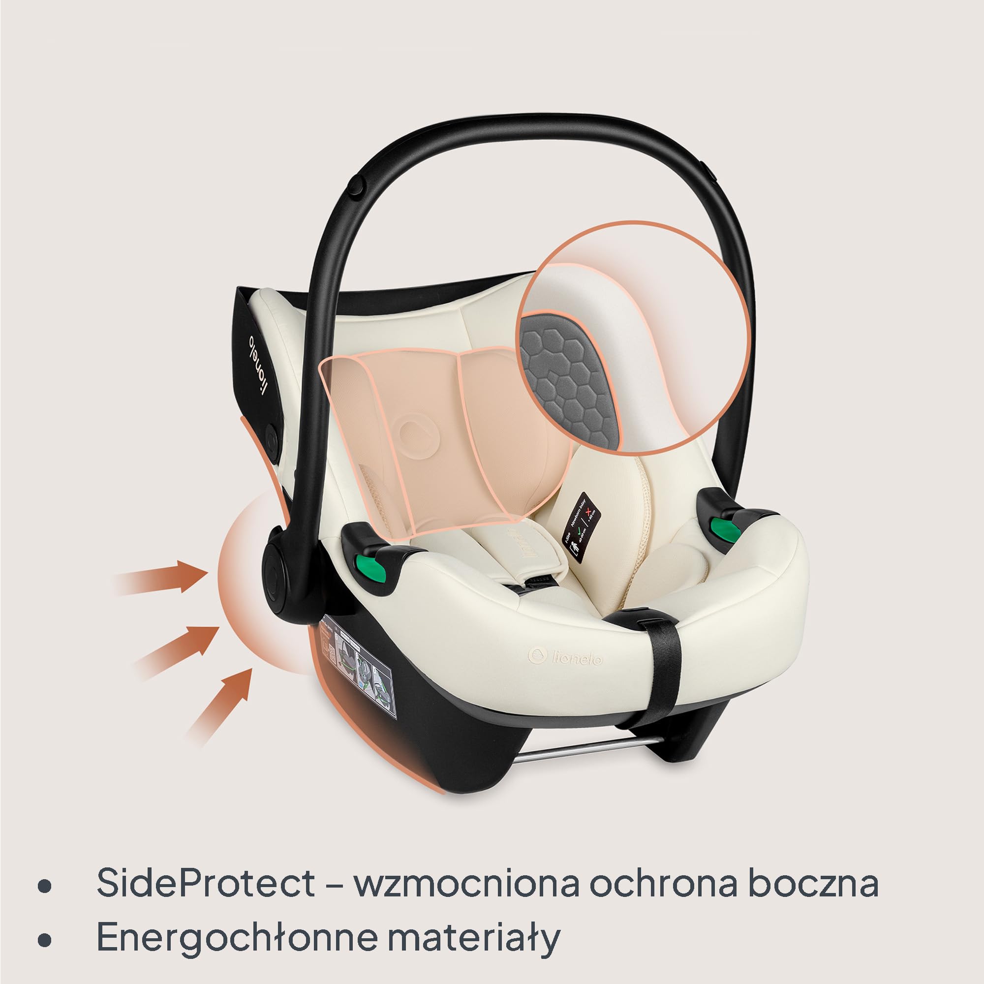 LIONELO Fotelik samochodowy dla niemowląt Astrid I-Size dla malucha 40-87 cm (0-15 miesięcy), uniwersalne dopasowanie, opcja skierowana do tyłu, lekki 4 kg, SideProtect, zagłówek z pianki pamięci, 3