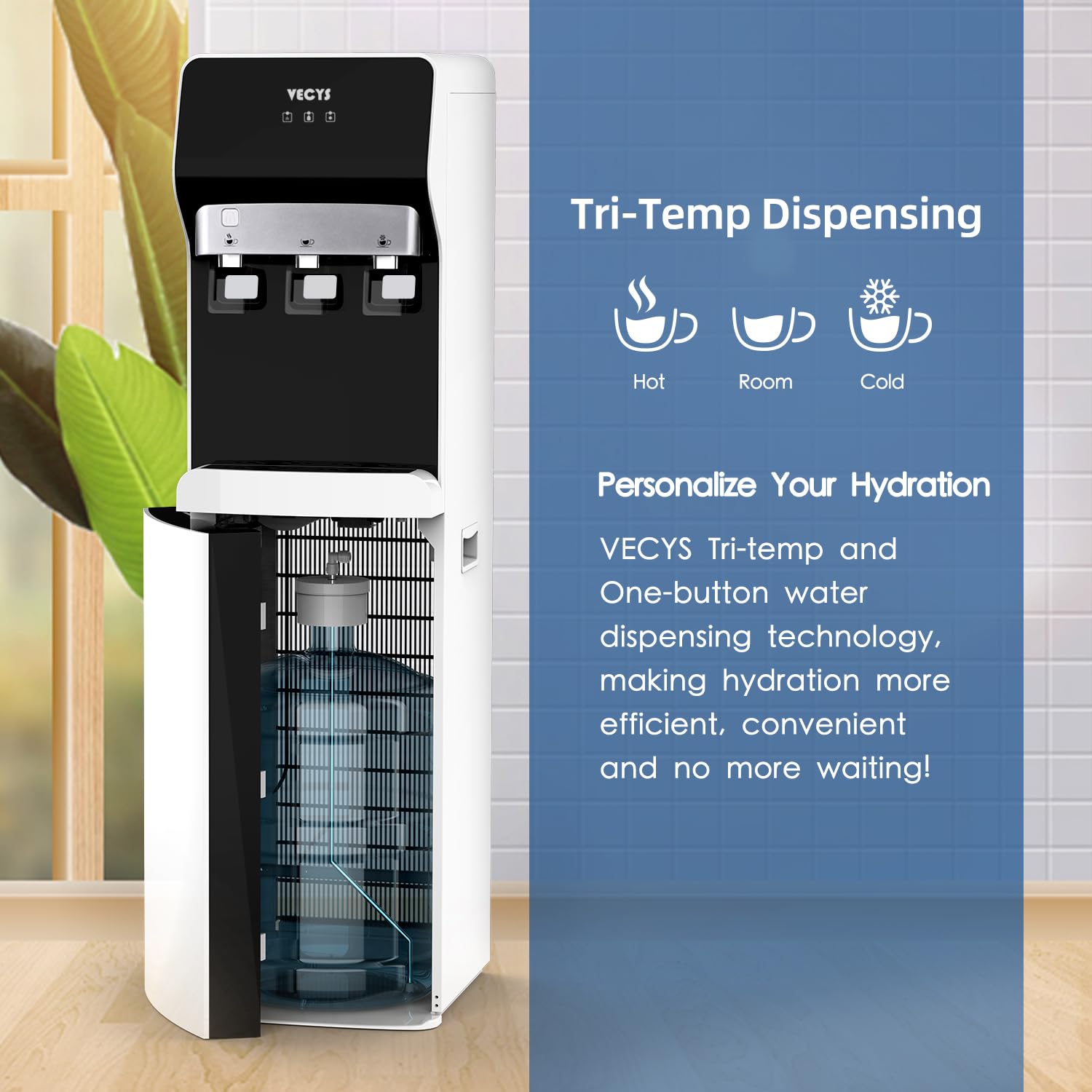 VECYS Bottom Loading Self Cleaning Water Dispenser 5 Gallon 3 Temperature, Child Safety Lock & Nightlight, 304 Stainless Steel Reservoirs and Water Intake Tube