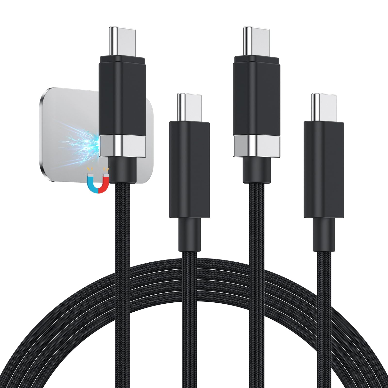 Magtame 2 Pack StayCable Magnetisches USB C zu USB C Kabel 5FT / 1.5M, 3A 60W Schnelllade Typ-C Ladekabel, Anti-Drop Nylon geflochtenes Kabel für Bett, Schreibtisch, Auto