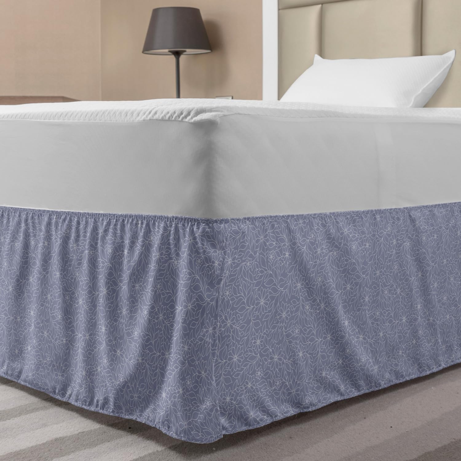 Lunarable Purple Grey Bed Skirt Doodle Flowers and Foliage Leaves Garden Art Style Lines Arrangement Elastic Bedskirt Dust
