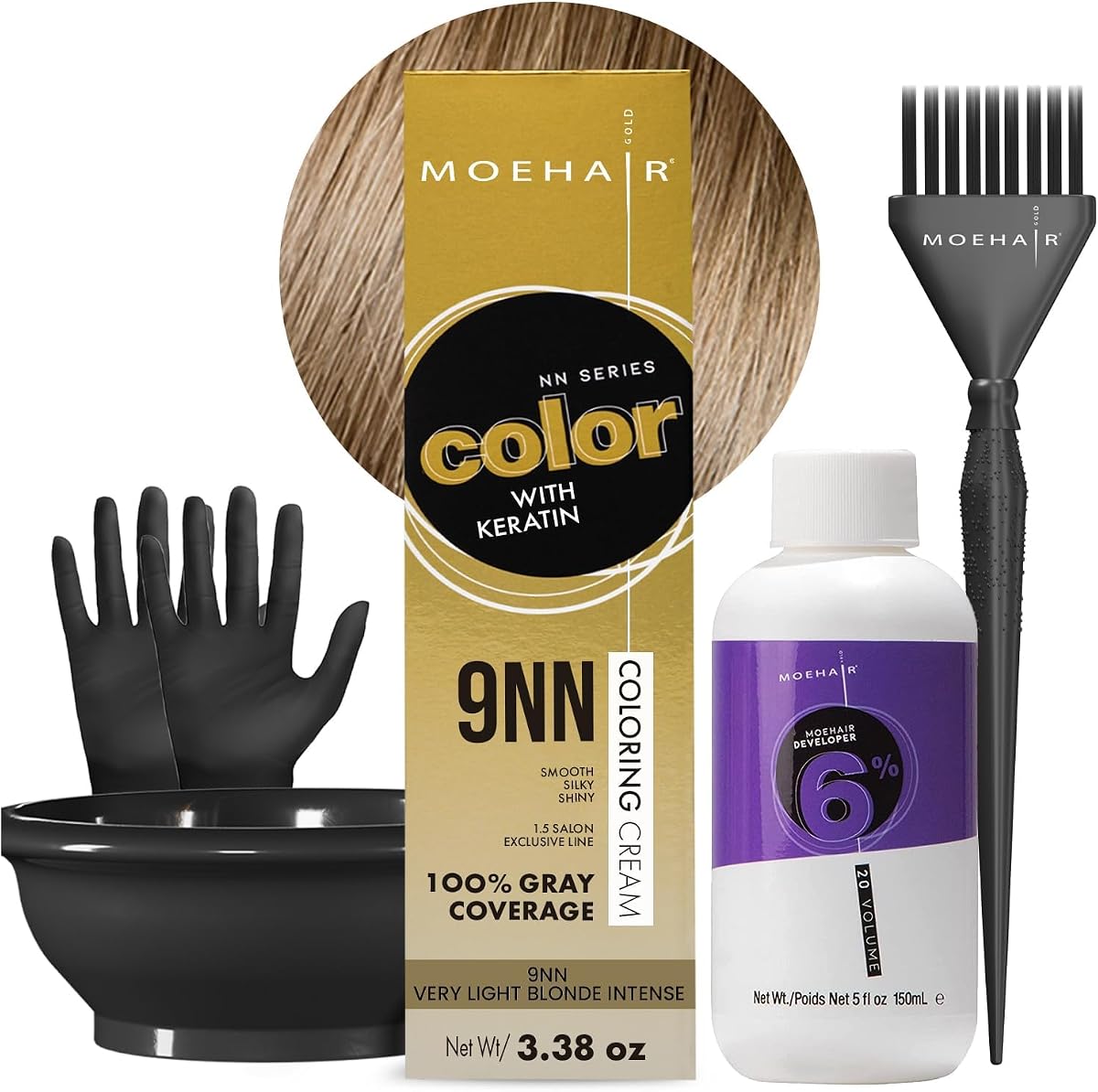 Hair Coloring Kit | 9NN Permanent Hair Color (Very Light Blonde Intense), 20 Volume Developer 6%, Coloring Brush, Gloves & Mixing Bowl| Keratin Infused Color | Gray Coverage | Adds Shines | Keratin Infused Color, 20 Volume Developer 6% Gray Coverage, With Coloring Brush, Gloves & Mixing Bowl