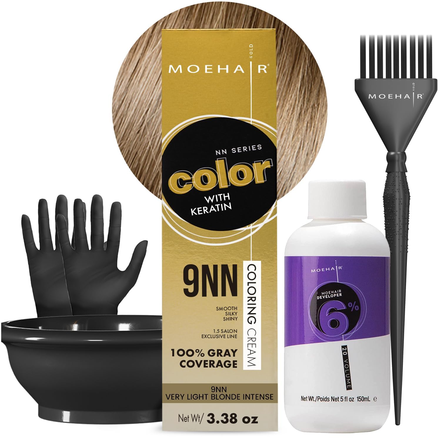 MOEHAIR Hair Coloring Kit | 9NN Permanent Hair Color (Very Light Blonde Intense), 20 Volume Developer 6%, Coloring Brush, Gloves & Mixing Bowl|