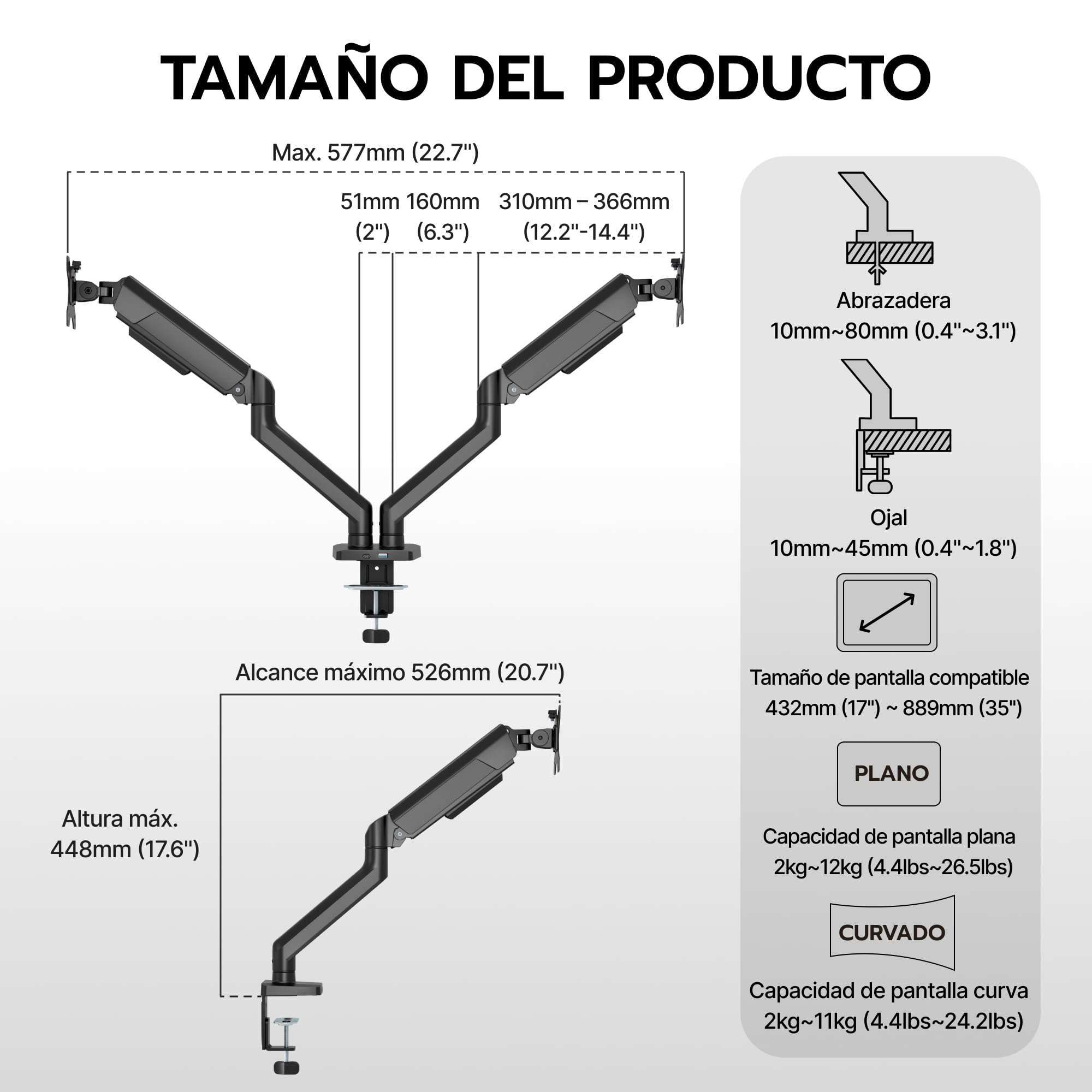 ARES WING Brazo Doble para 2 monitores de 17 a 35 Pulgadas, VESA 75/100 | Soporte para monitor de pantalla plana y curva, brazo de monitor para juegos con gestión de cables, inclinación / rotación