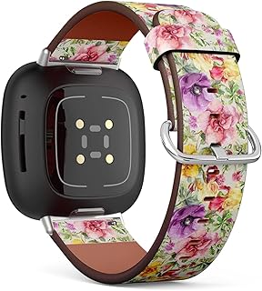 CJBROES Replacement Leather Watch Band, Compatible with Fitbit Versa 3 and Fitbit Sense of Wristband Bracelet Accessory - Vintage Summer Flowers Leaves Herbs