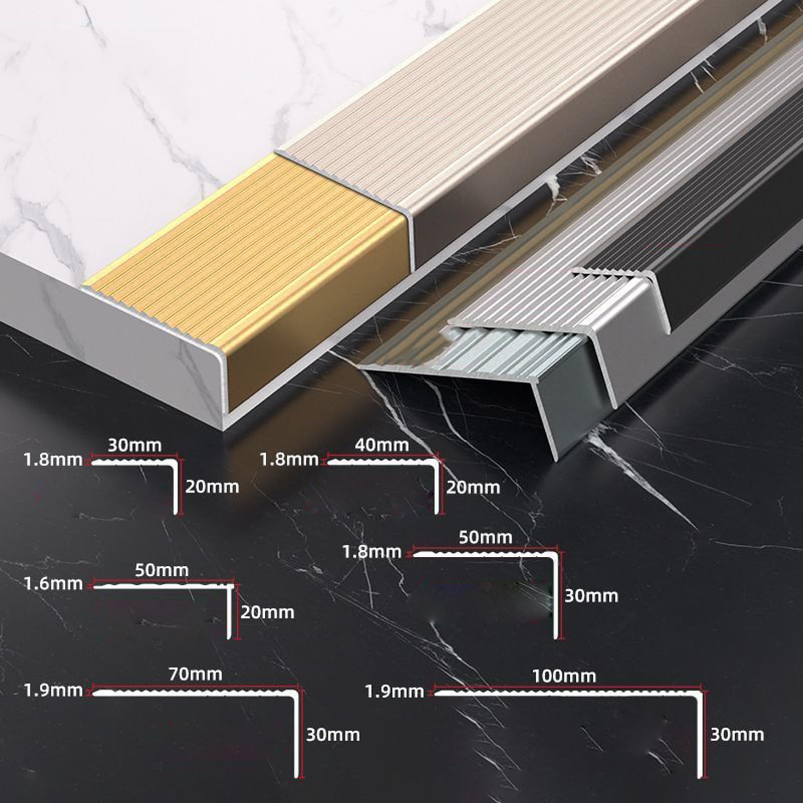 L-S Aluminiowa antypoślizgowa listwa krawędziowa, ochraniacz narożny do schodów wewnętrznych i zewnętrznych, 1 m (20 x 50 mm, trwała konstrukcja, zwiększenie bezpieczeństwa, łatwa instalacja)