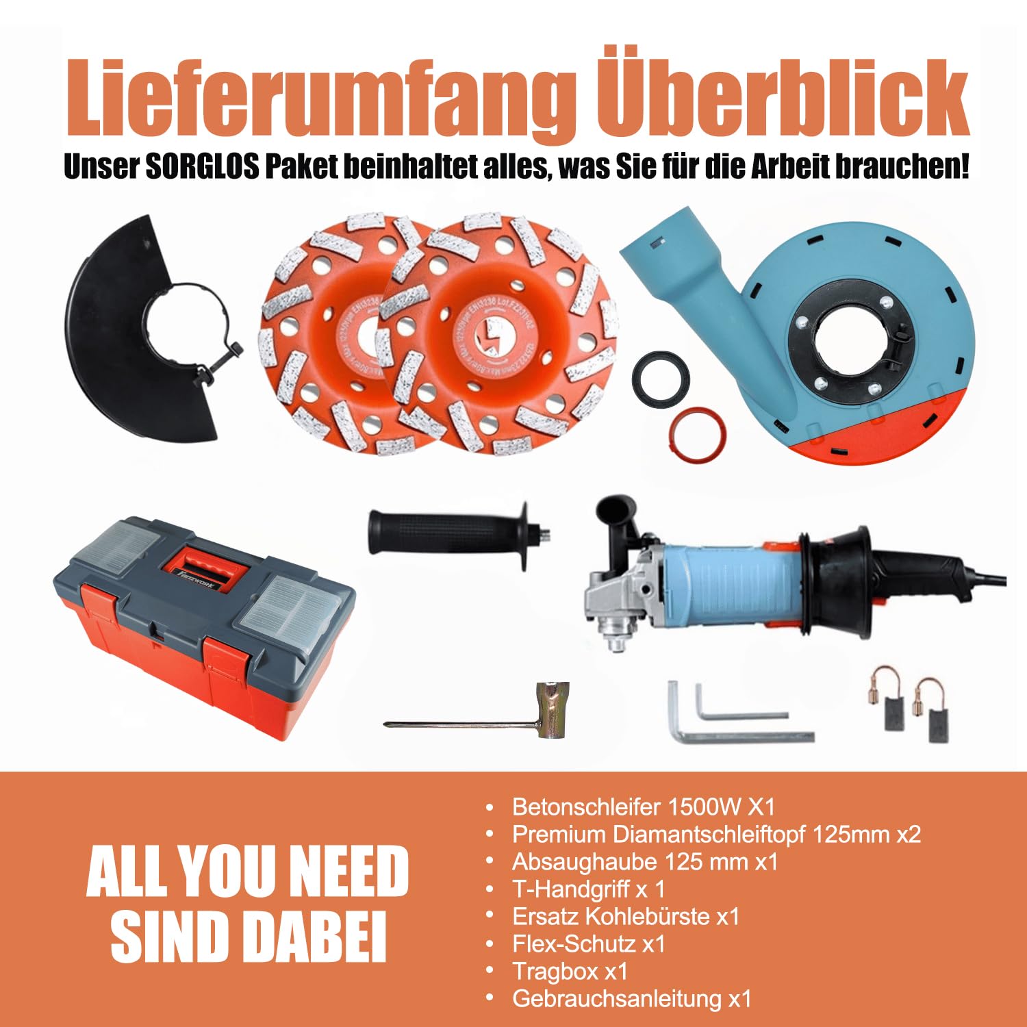 FANZWORK 1500W Betonschleifer – Bürstenloser EC-Motor, Leicht & Leistungsstark – GmbH