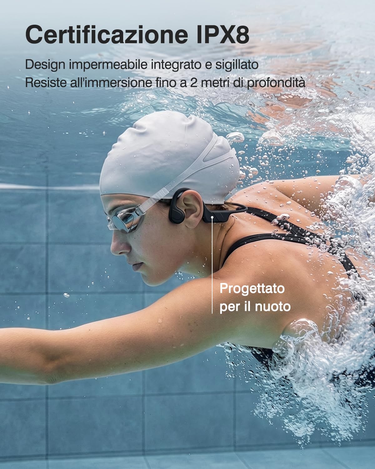 Cuffie Conduzione Ossea Nuoto IPX8, Bluetooth 6.0, MP3 32GB Memoria | 12 Ore Riproduzione Auricolari Conduzione Ossea per Nuoto, Fitness, Corsa e Bici
