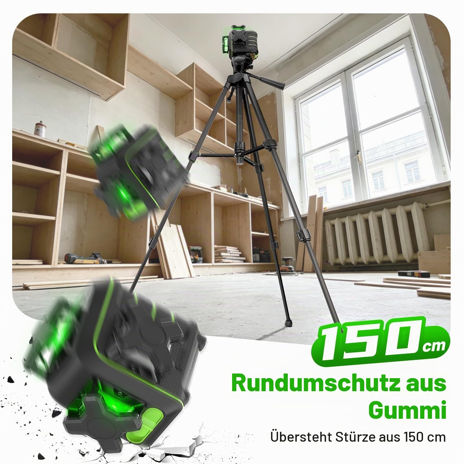 Huepar 1,5m Sturzfest 3x360° Grüner Kreuzlinienlaser Selbstnivellierend, 12 Linien mit Pulsmodus, Magnetischer Drehhalterung, 50m Reichweite, Type-C Wiederaufladbar, Inkl. 1,2m Stativ，U03CGT