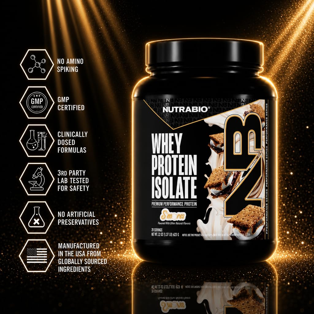 NutraBio 100% Whey Protein Isolate Protein Powder, 25g Protein with Complete Amino Acid Profile, Non-GMO, Soy & Gluten Free, Low Carb, Low Calorie Whey Protein Powder, S'Mores, 20 Servings — Amazon image 5