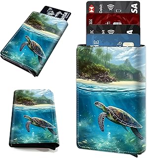 Aluminum Auto Pop Up Wallet Case Credit Card Holder For Women Men Girl, Leather Card Case Front Pocket Trifold Wallet with RFID Blocking Banknote Slot Slim Wallet Women, Cute Turtle