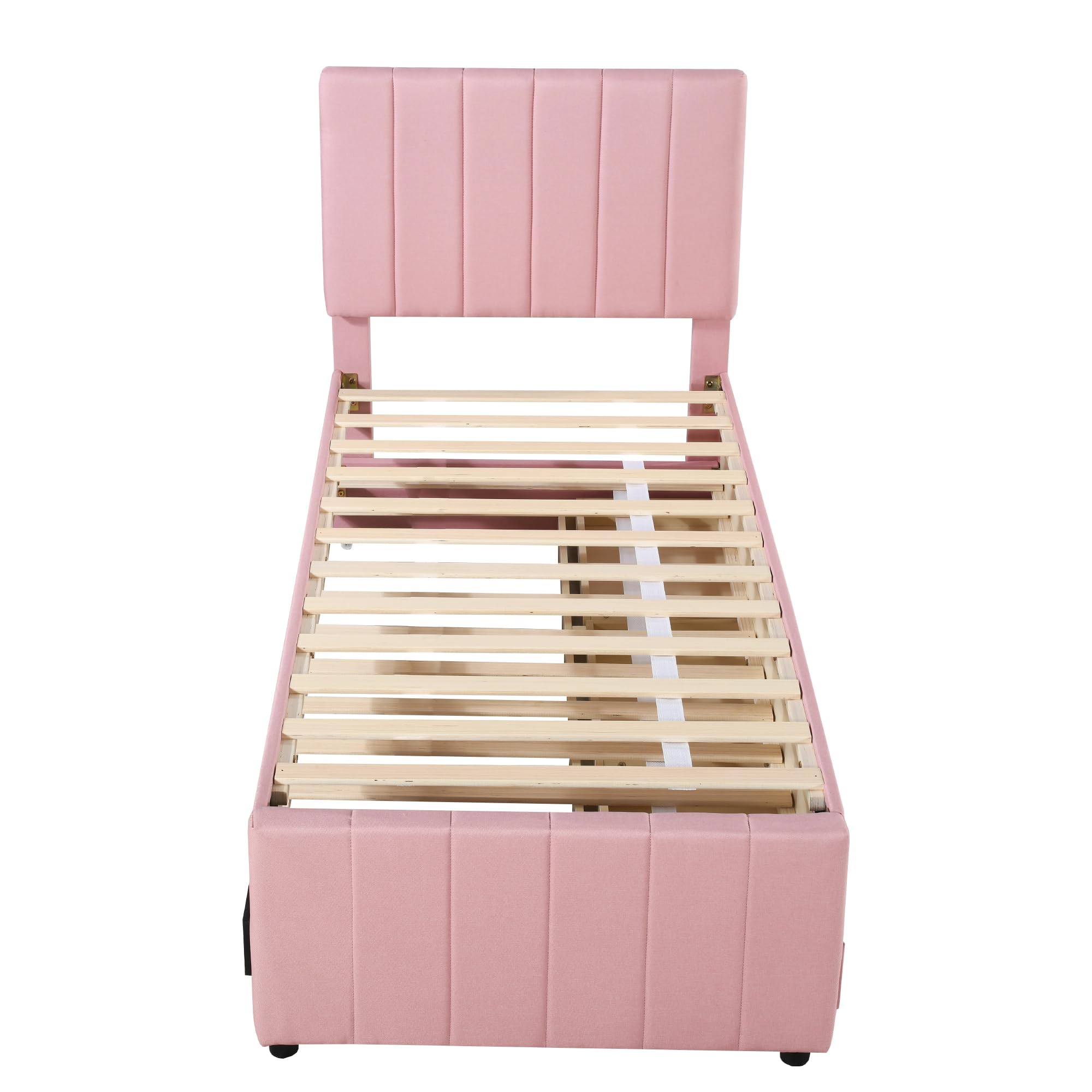Cama tapizada de 90 x 200 cm con cama plegable y cajones de almacenamiento, acolchado de lino respetuoso con la piel, cama individual, cama infantil, cama juvenil, cama de invitados (rosa)