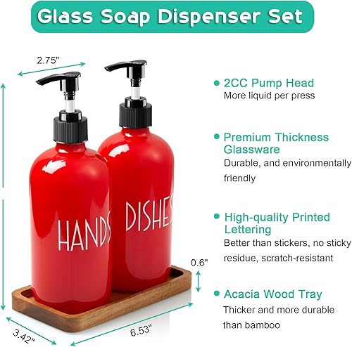 Miniatura 6 de ALELION Dispensador de Jabón para Platos Rojo para Cocina - Juego de Dispensador de Jabón de Manos de Vidrio de 16 OZ con Bomba y Bandeja de Madera