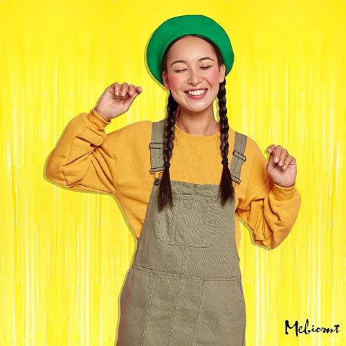 Miniatura 6 de Paquete de 4 cortinas de flecos amarillas como telón de fondo, 3.2 pies x 8.2 pies de serpentinas de flecos de papel metálico de oropel como fondo