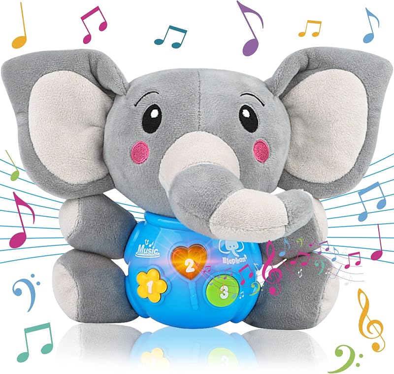 Juguetes musicales de peluche para bebés, lindo elefante para niños y niñas de 3 a 6 a 12 meses | Juguete del bebé de los bebés del animal relleno, cosas del bebé del elefante, juguetes para los bebés 0-6 meses