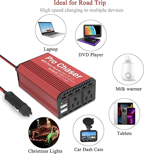 Miniatura 3 de Pro Chaser Inversores de potencia de 400 W para vehículos, convertidor de inversor de automóvil de CC de 12 V a 110 V CA, puertos de carga USB