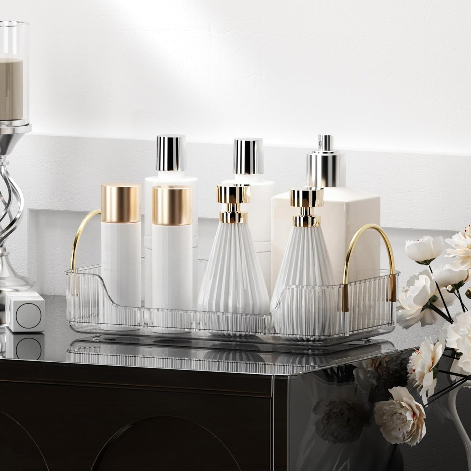 YCIA&DONE Bathroom Organizer Countertop, Makeup Storage, Skincare Cosmetic Tray Shelf, Perfume Holder Rack for Vanity Counter, Large Capacity, Easy to Install, Clean, 3 Tiers, Clear White