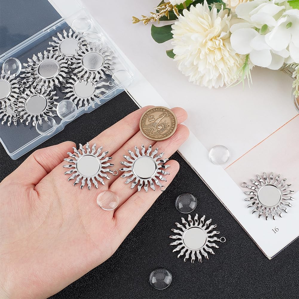 UNICRAFTALE 12 Sets DIY Blank Sun Pendant Making Kit 304 Stainless Steel Pendant Cabochon Settings Flat Round Blank Cameo Bezel Tray Charms with Glass Cabochons for Jewelry Making 15mm - Image 4