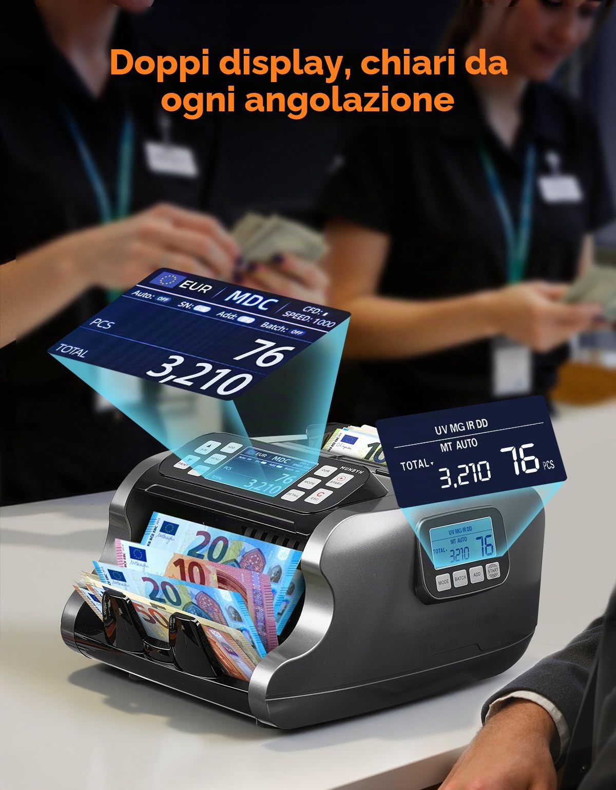 MUNBYN IMC22 Macchina contasoldi per tagli misti, doppio display, rilevamento di banconote contraffatte CIS/UV/IR/MG per USD, EUR, GBP, MXN, CAD, ideale per le aziende, protezione di 2 anni, nero