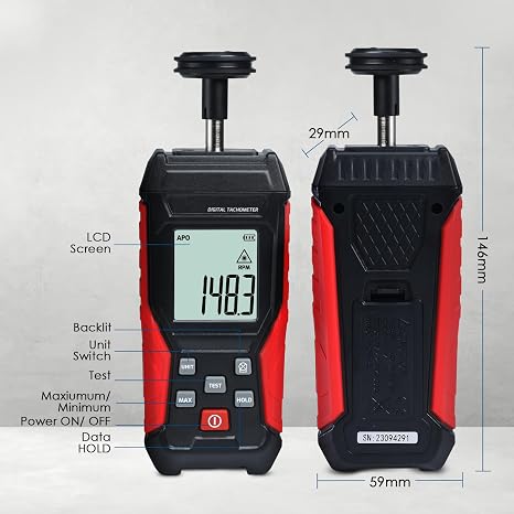 2-in-1 Digital Tachometer, Handheld Contact 3~19999RPM & Non-Contact 3~99999RPM Meter with 4 Probes,Hold Data, RPM Tachometer for Small Engines