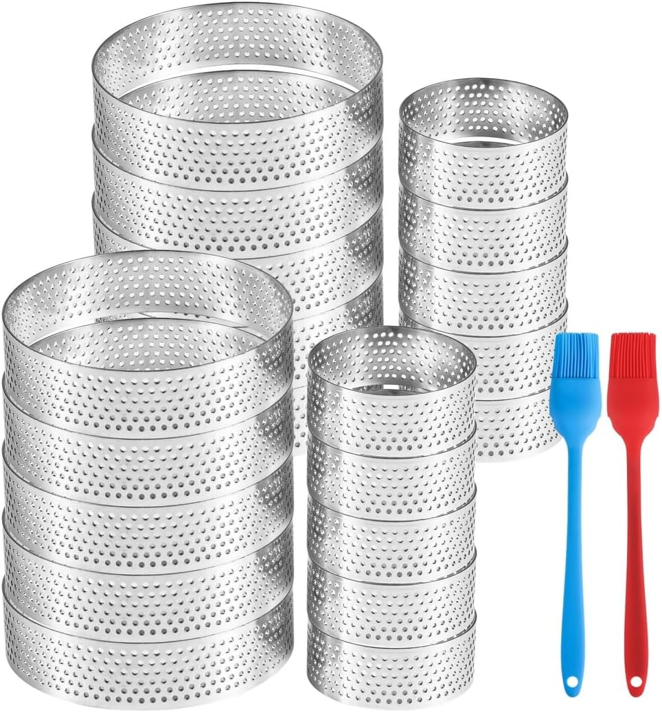 20 Pcs Stainless Steel Tart Rings, Nonstick 1.97 & 3.15 Cake Molds with 2 Silicone Brushes for Home Baking and Pastry Making