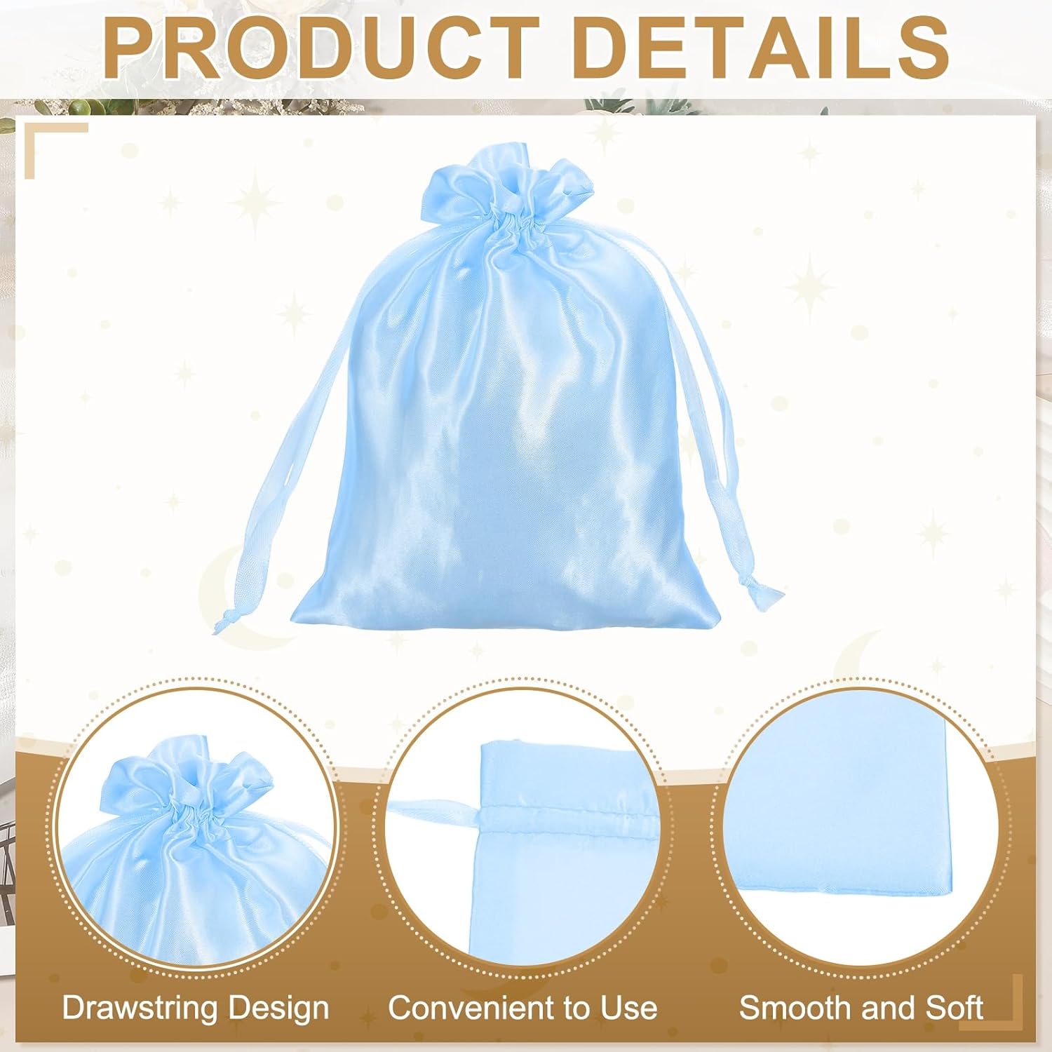MECCANIXITY Satin Bags with Drawstring, 6x8 Inch Wedding Favor Bag Mini Gift Packaging Bag for Birthday Christmas Jewelry Party (Blue, Pack of 4) - Image 3