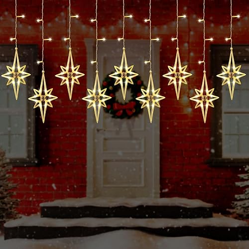 Miniatura 6 de VIHOSE Guirnalda de luces de cortina de estrellas de Navidad, 138 LED, 16 luces Polaris para ventana, enchufables con 8 modos de luces colgantes