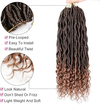 Xtrend 14 Inch 6 Packs Ombre Goddess Faux Locs Crochet Braids Curly Ends Wavy Synthetic Braiding Hair Extension Dreadlock Braiding Hair 20 Strands/Pack for Black Women T30#