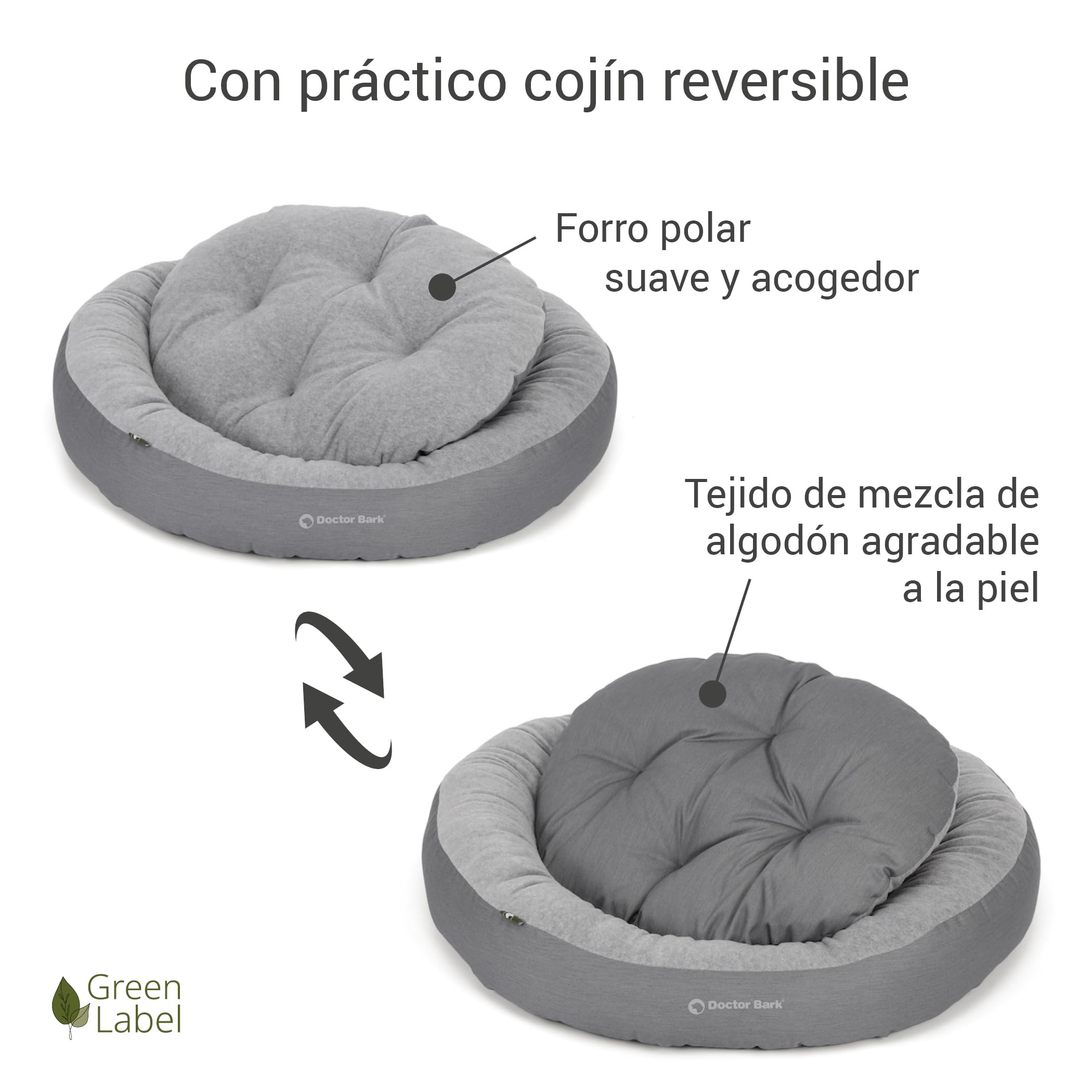 Doctor Bark GreenLabel - Cesta para perros pequeños, suave, redonda, mullida, con cojín reversible, forro polar/algodón, cama para perros (S - 50 x 40 cm, gris claro)
