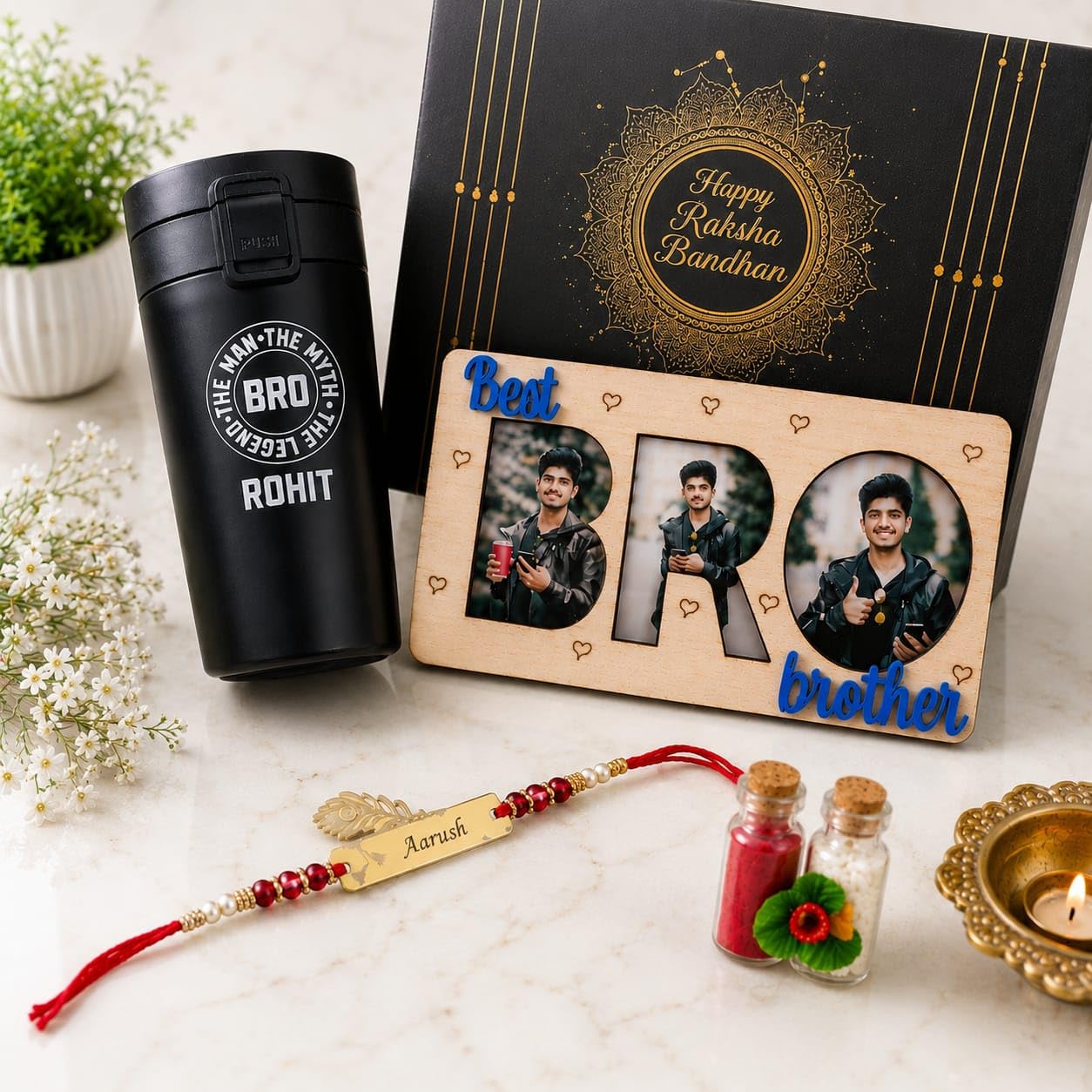 Personalized Raksha Bandhan Hamper with Photo Frame & Mug | Customised Photo Frame, Name Travel Mug, Personalised Rakhi, Includes Gift Box, Brother Gift Set-image-2