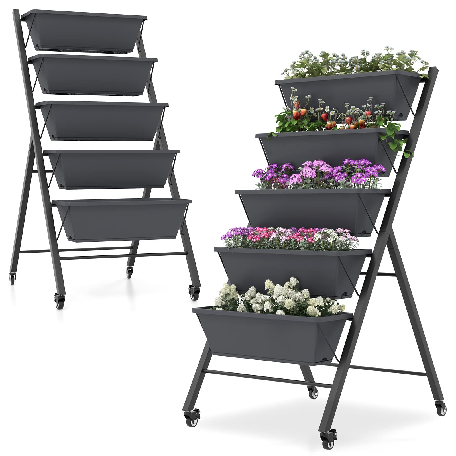 GOPLUS Jardinera Vertical de 5 Niveles, Estantería para Plantas, Cama Elevada de Jardín con Ruedas, Orificios de Drenaje, Bandeja Extraíble, Huerto Urbano con 5 Macetas, para Verduras Flores (Negro)