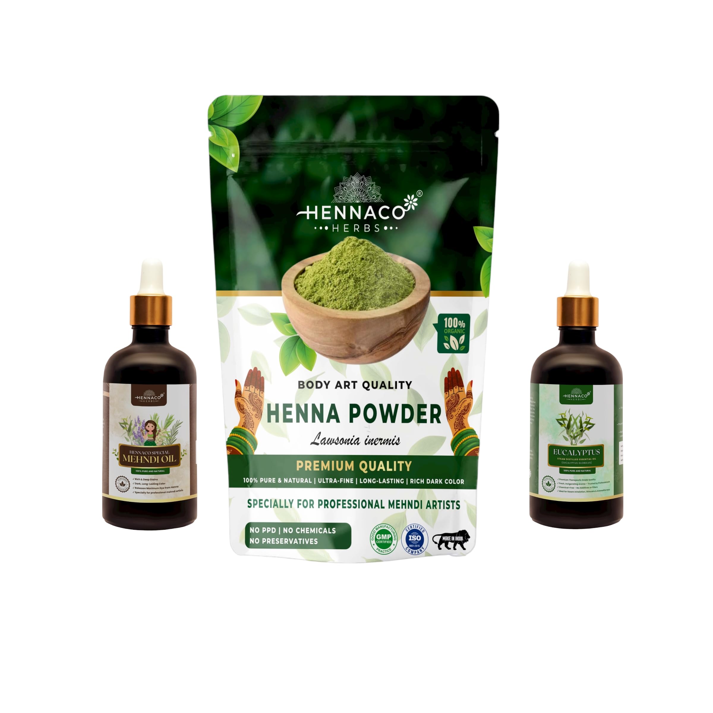 HENNACO Professional Mehndi Combo – 5 filter Premium Mehndi Powder 400gm + 100% Pure Eucalyptus Essential Oil 100 ml + Special Mehndi Oil 100 ml | 100% Natural | For Cone Making & Design Use | No PPD No Chemicals | From SOJAT, RAJASTHAN-picture-27