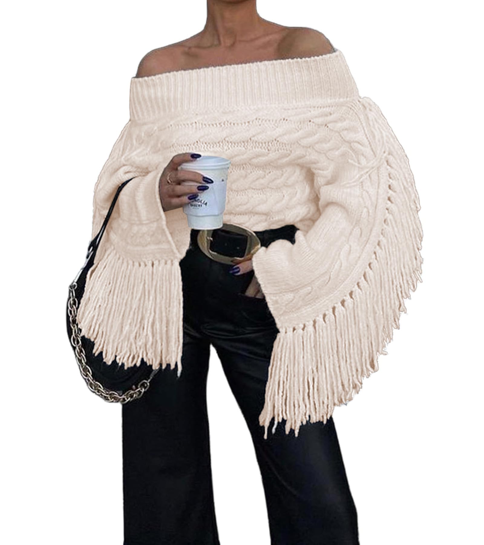 Unybwonn Women Off The Shoulder Fringe Cropped Sweater Long Sleeve Sexy Pullover Y2k Cute Streetwear Knit Tassel Top