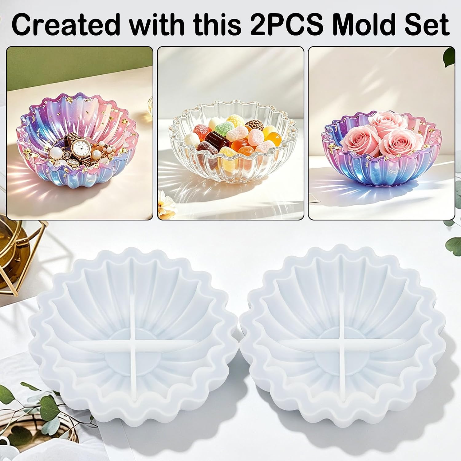 2PCS Flower Bowl Resin Silicone Molds Set, Fuehbur Epoxy Resin Moulds Tray with Wavy Edge Design for DIY Jewelry Holder, 5.24 x 5.24 x 1.64 inches, for Candle Handmade Decoration - 2 Pack