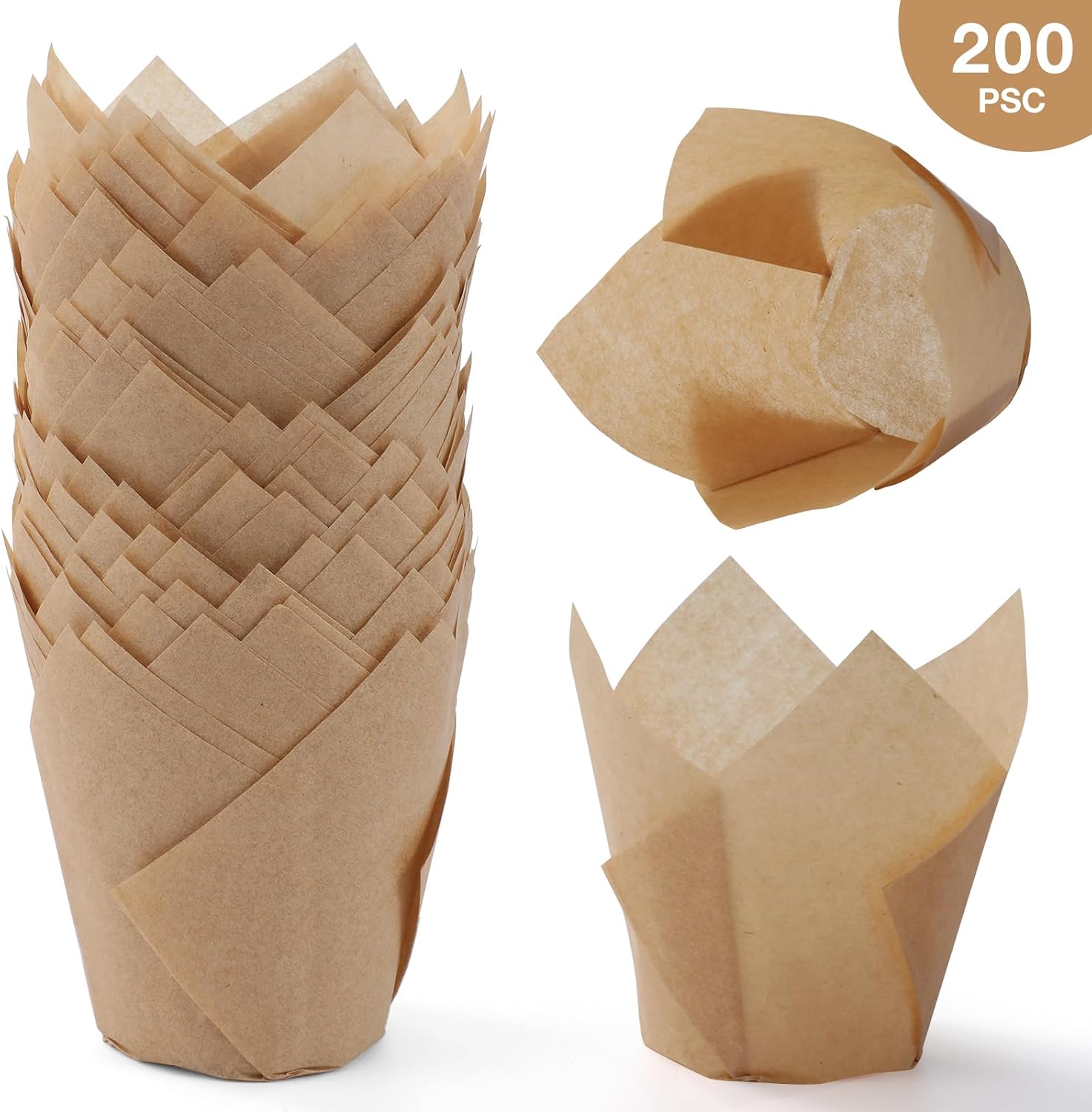 200pcs Tulip Cupcake Liners, Standard Greaseproof Paper Baking Cups Muffin Liners Holders Perfect for Bridal Showers, Baby Showers, Birthday Parties, Banquets, and Catering Events (Natural)
