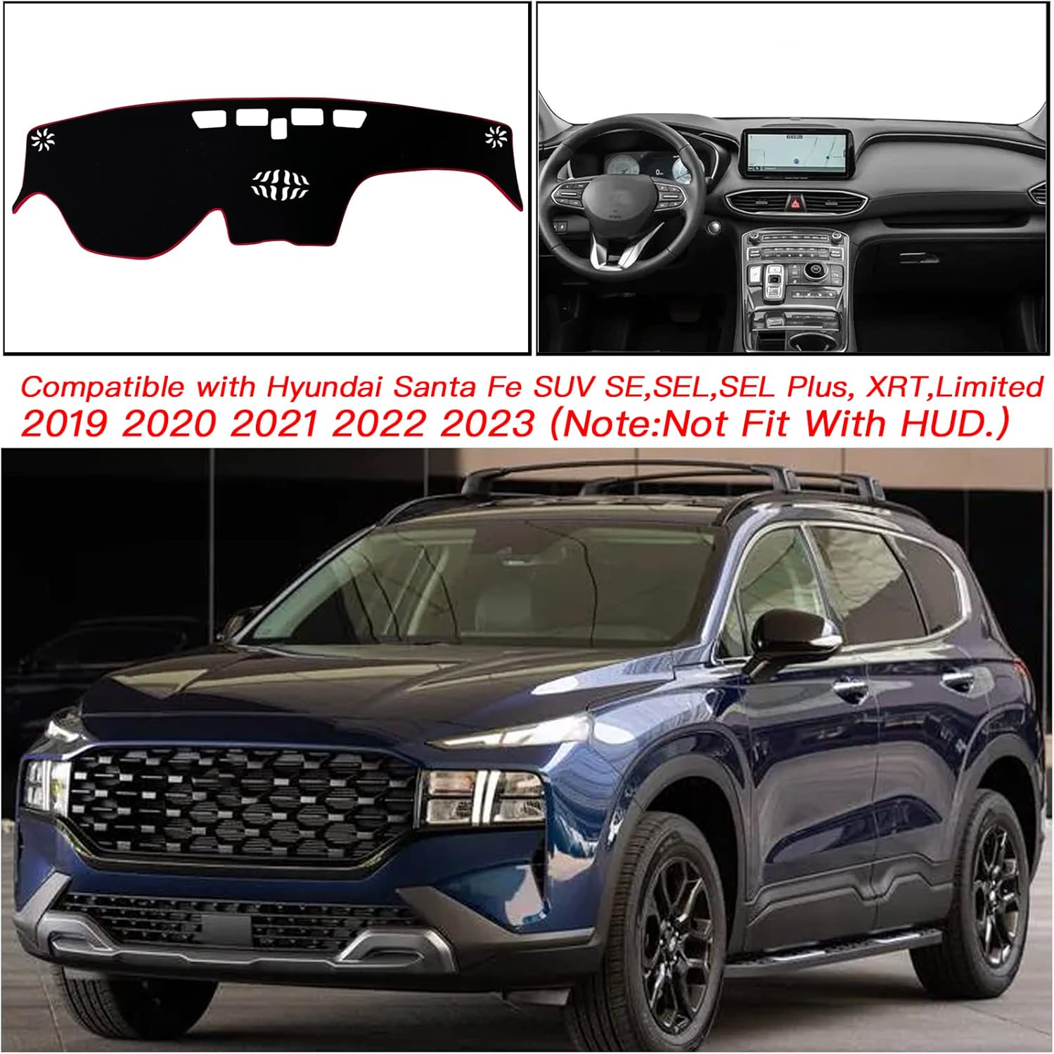 Dash Mat Cover Custom Interior Center Console Compatible with Hyundai Santa Fe SUV SE SEL Limited 2019 2020 2021 2022 2023 Dashboard mat Covers Accessories (Red Trim)