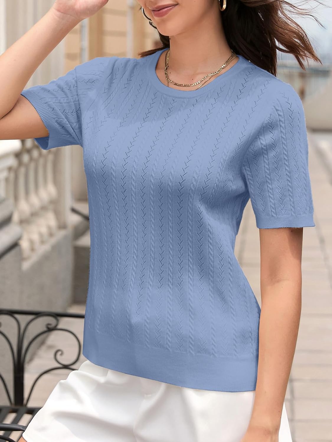 DAIMIDY Women's Short Sleeve Sweaters Hollow Out Summer Sweater Lightweight Cable Knit Pullover Tops