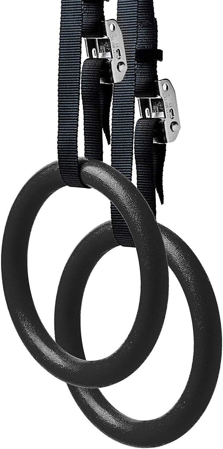 Foldable Fitness Gymnastic Rings - Set of (2) - Fully Adjustable Straps with Metal Buckles. Excellent for Pull Up Exercise or Olympic Gym Crossfit Training. Great for Dips and Full Body Strength.