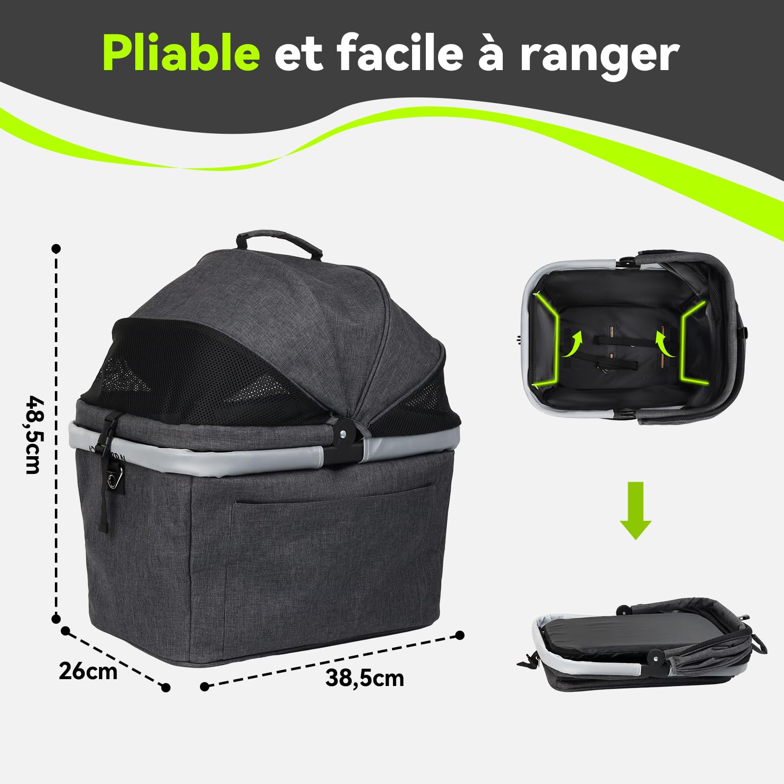 Panier Vélo Arrière Chien Pliable 10KG Cadre Métallique Support Fixation Tubes 9-12 mm Fenêtre Aérée Coussin Bandes Réfléchissantes