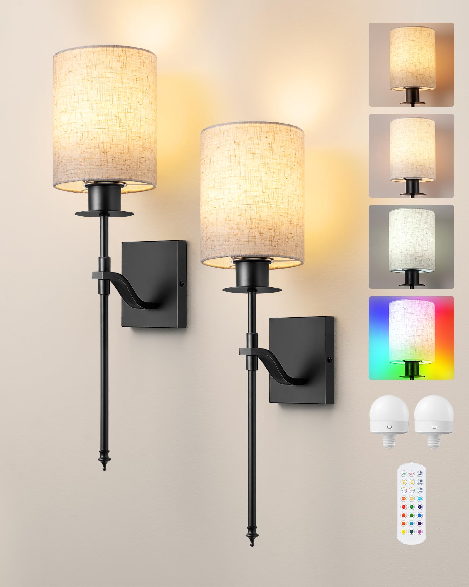 EDISHINE Lampada da Parete Interni Senza Fili 2 Pezzi, Telecomando e Lampadina E27 RGBW Dimmerabile e Ricaricabile, 3000K-4500K-6000K, Paralume Beige, Base Nera per Soggiorno, Camera, Corridoio