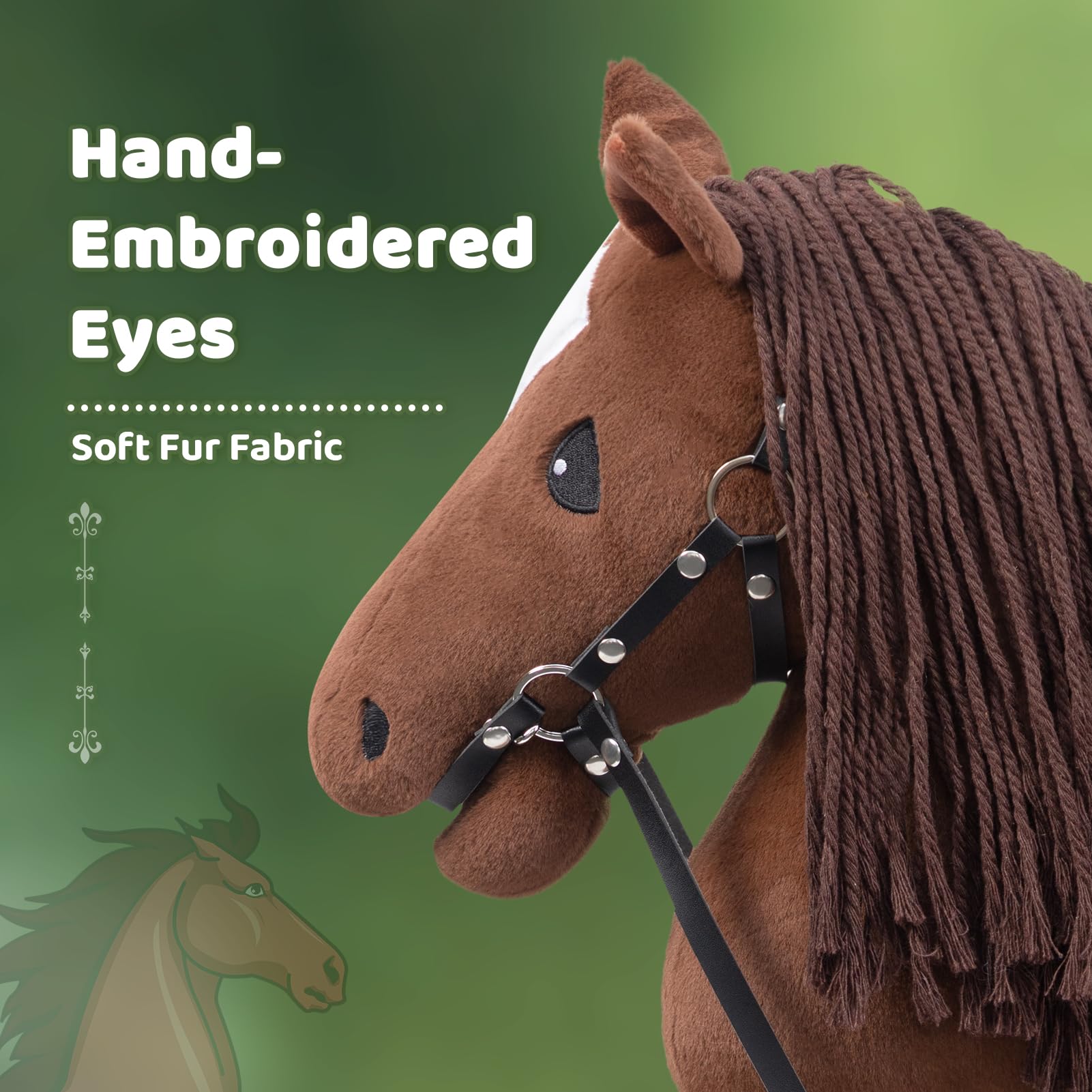 BEJOY Steckenpferd Spielzeug Pferd, Hobby Horse Holzpferd Plüschpferd zum Reiten für Kinder mit Halfter und Trense, Dunkelbraun