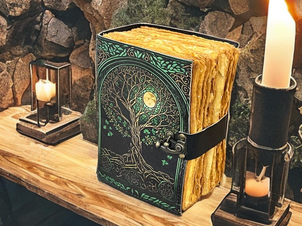 400 Page Fat Grimoire Leather Journal – Tree of Life Embossed Blank Spell Book of Shadows, Vintage Leather Sketchbook, Celestial Writing Notebook Gifts for Him & Her