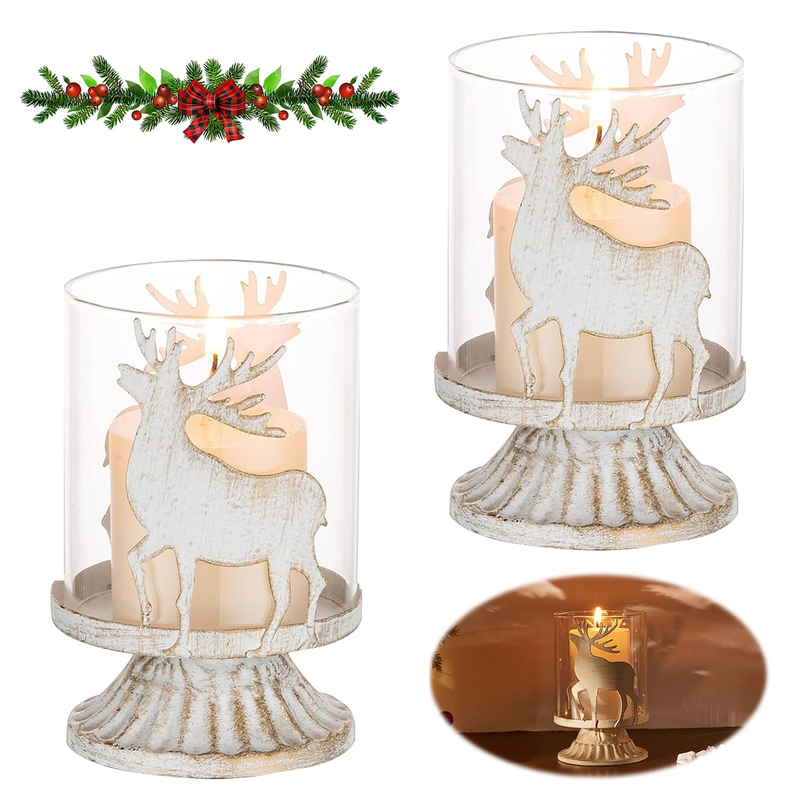 Juego de 2 portavelas de Reno Vintage, portavelas de Metal Blanco, portavelas de Metal de Reno, centros de Mesa navideños, Chimenea de Navidad, Comedor, Sala de Estar, decoración del hogar