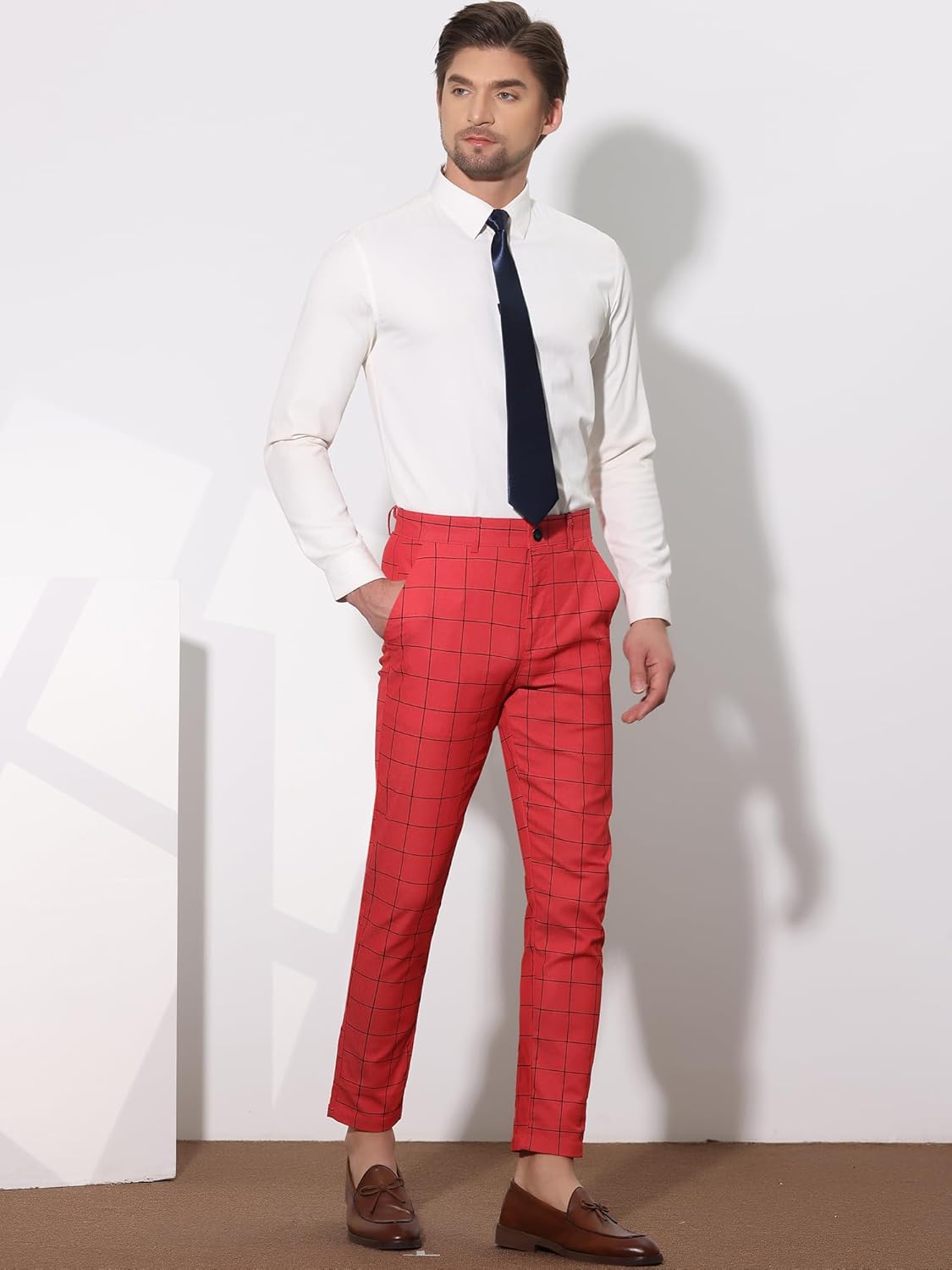 Lars Amadeus Men's Dress Plaid Slim Fit Flat Front Business Pants with Pockets - Image 4