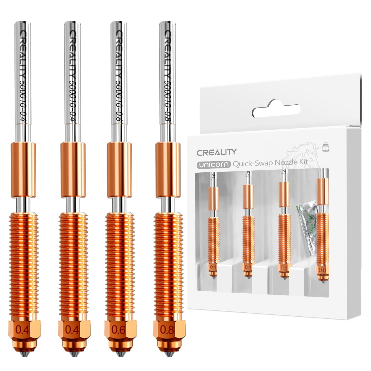 Creality Boquilla oficial K1C, Unicorn Quick-Swap de 0,4 mm, 0,6 mm, 0,8 mm, kit de 4 boquillas de aleación de cobre y acero endurecido para impresora 3D K1 SE, Ender 3 V3, Ender 3 V3 Plus
